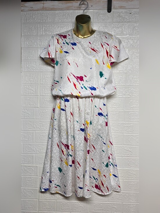 Epitome Dresses & Skirts - 1980's White Midi Dress with Colorful Paint-Splatter Print,Sz 6P